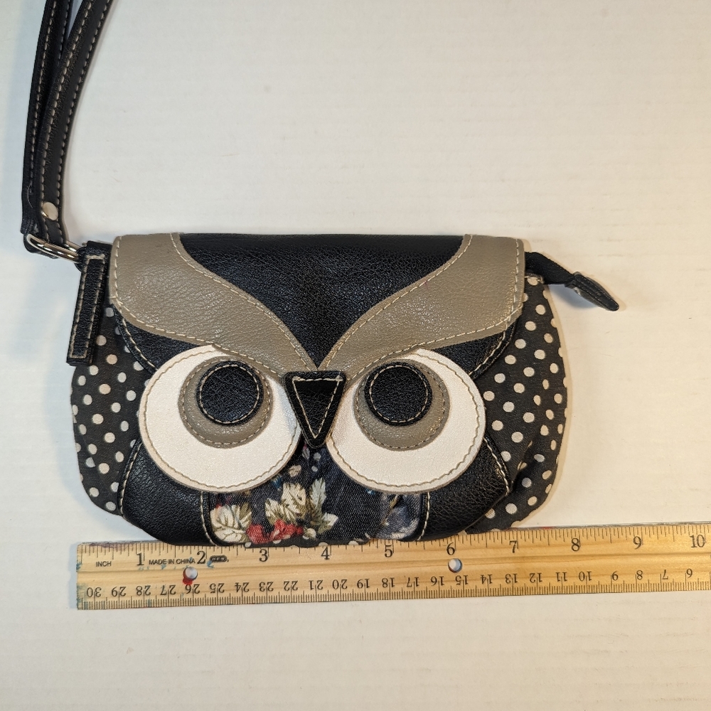 Owl Wristlet Navy Blue White Polka dots Leather Owl zipper pocket coin purse - Picture 5 of 16